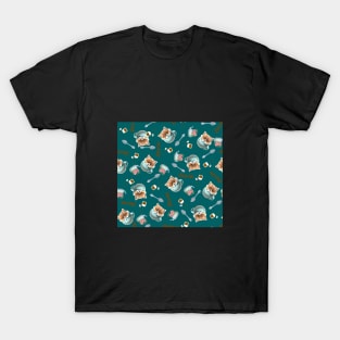 Cute Pomeranian Teacup Floral Teapot Teaspoon Tea Bag Ocean Teal Pattern T-Shirt